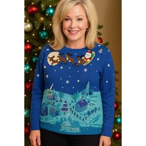 Michael Simon XL Blue Christmas Village Reindeer Wonderland Sweater Vintage 90s